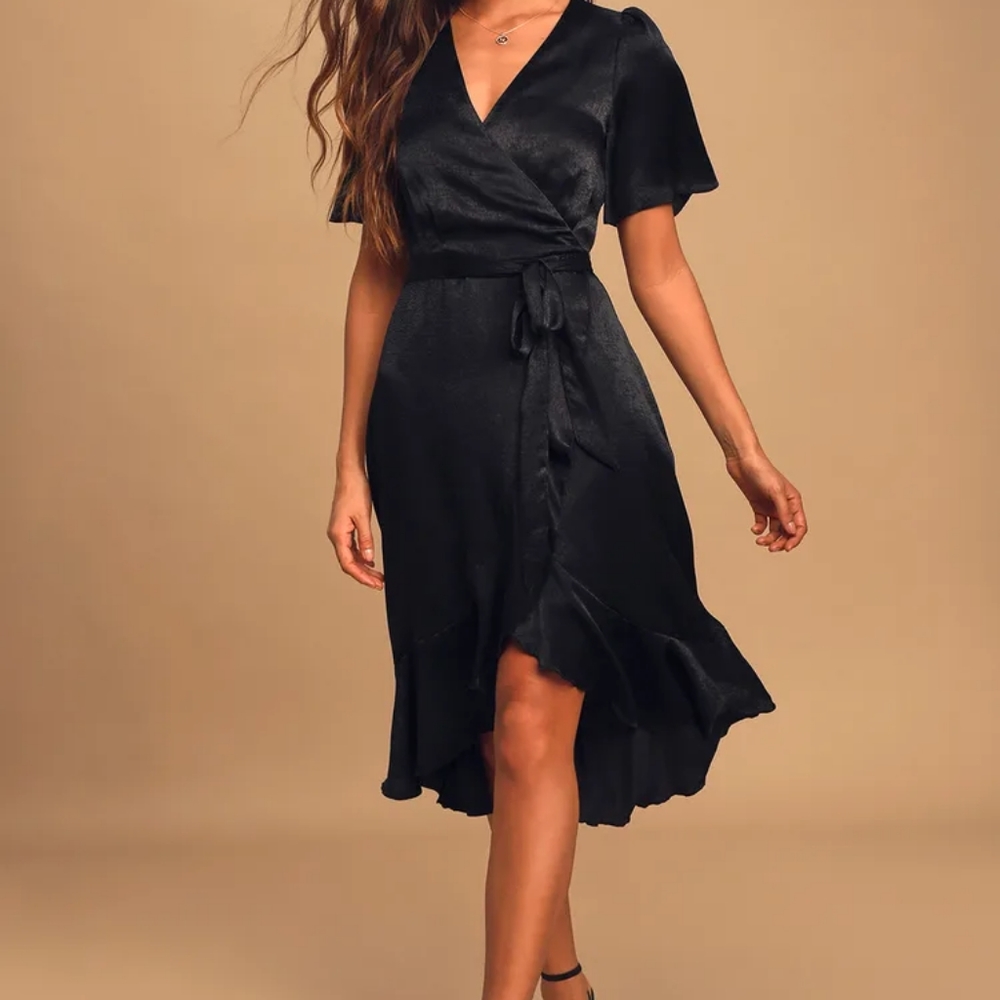 Lulus Wrapped Up In Love Black Satin Faux-Wrap Midi Dress